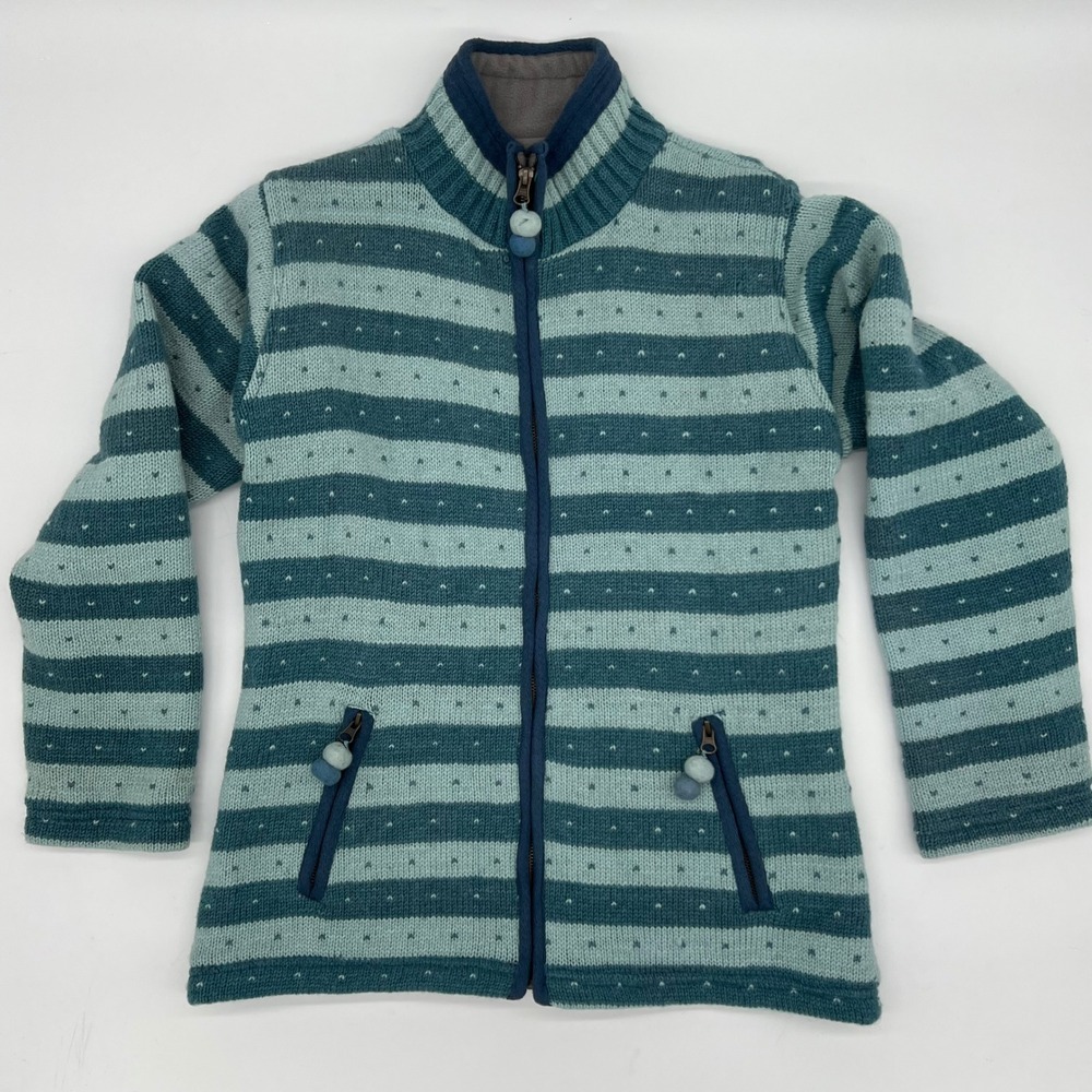 Laundromat Stuff Wool Knit Zip Up‎ Sweater Stripe Fleece Lined - Blue